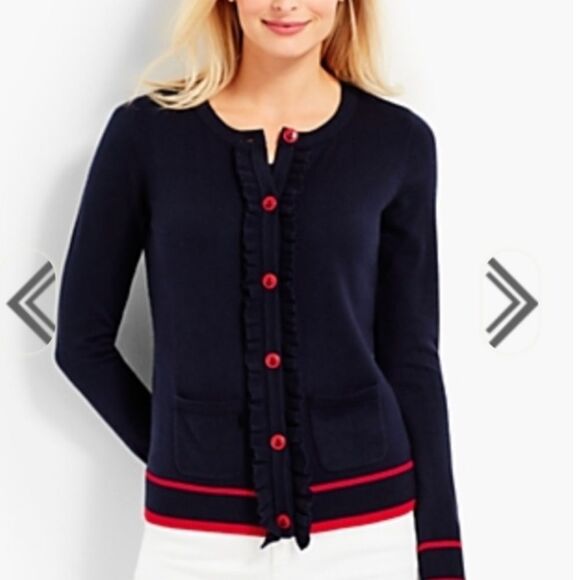Talbots Lightweight Button Ruffle Nautical Cashmere Blend Cardigan Women Size LP - Picture 2 of 16